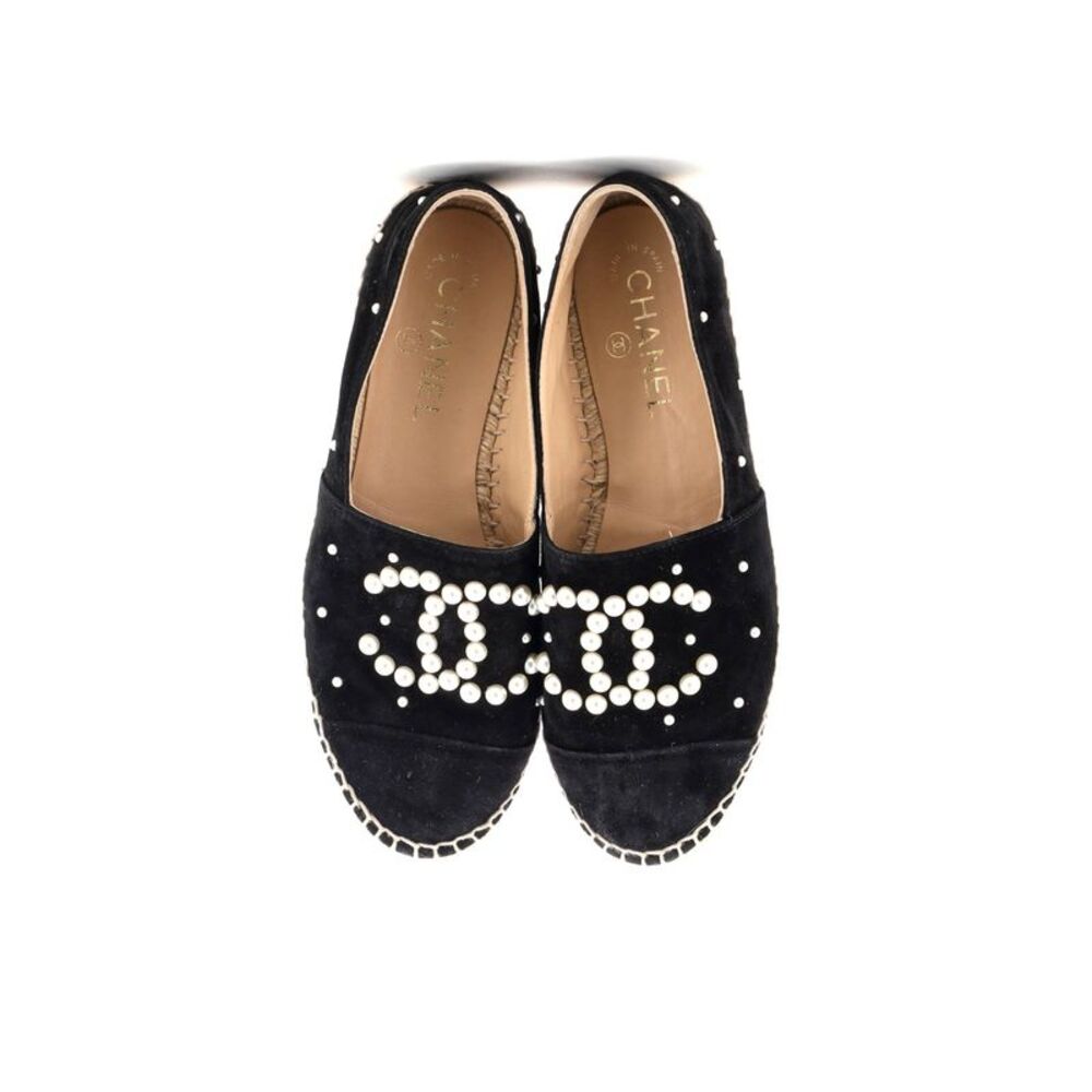Chanel Women's CC Cap Toe Espadrilles Embellished Suede Black - Picture 2 of 5